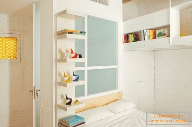 Project of mini apartment: white brick in bedroom decoration