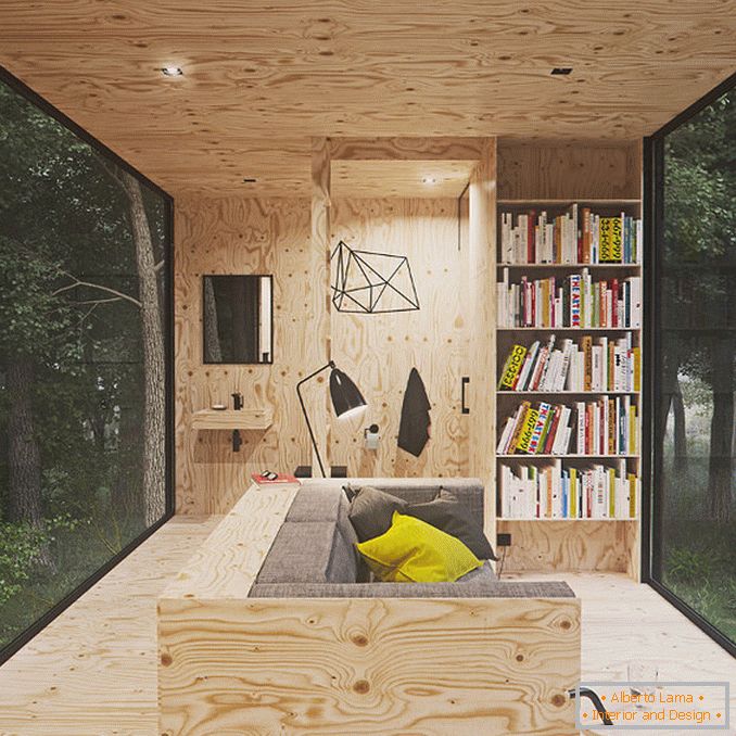 Interior of the small house Tomek Michalski Cabin in the forest