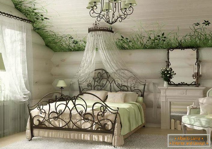 A bright, spacious bedroom in the country style is noteworthy for a special ceiling finish, along which the fresh greenery with rare flowers is depicted.