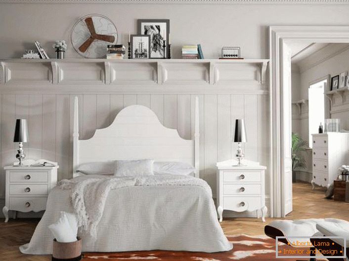 White room in country style with properly selected furniture. Particularly interesting are bedside tables with small drawers.
