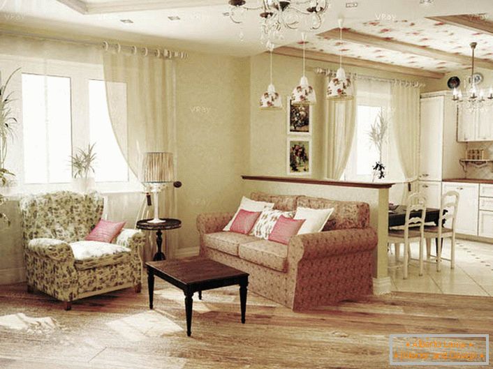 The design project was made under the order of a young lady. A gentle, modest interior for a country-style Provence-style living room.