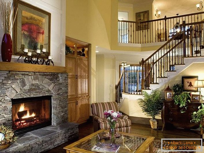 Grace and modesty of country are favorably combined with the functionality and practicality of the interior. In the center of the composition is a large electric fireplace simulating a burning flame.