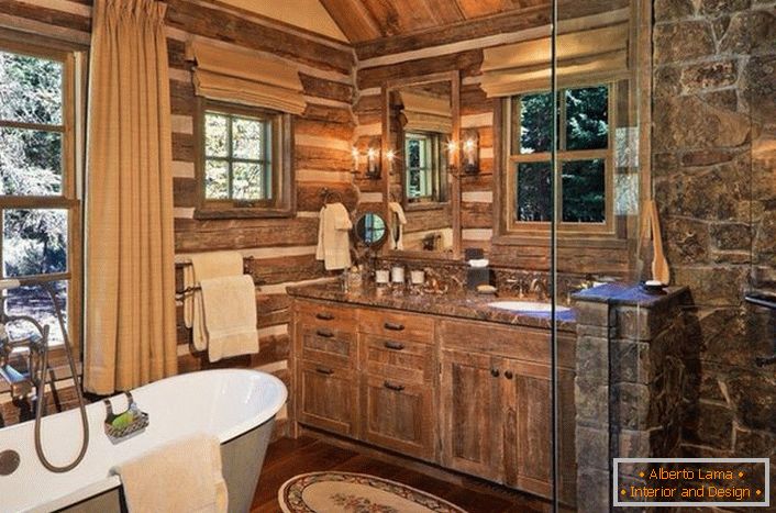 Bathroom in country-style country with properly selected furniture. An interesting design idea is a window with a wooden frame above the bathroom.