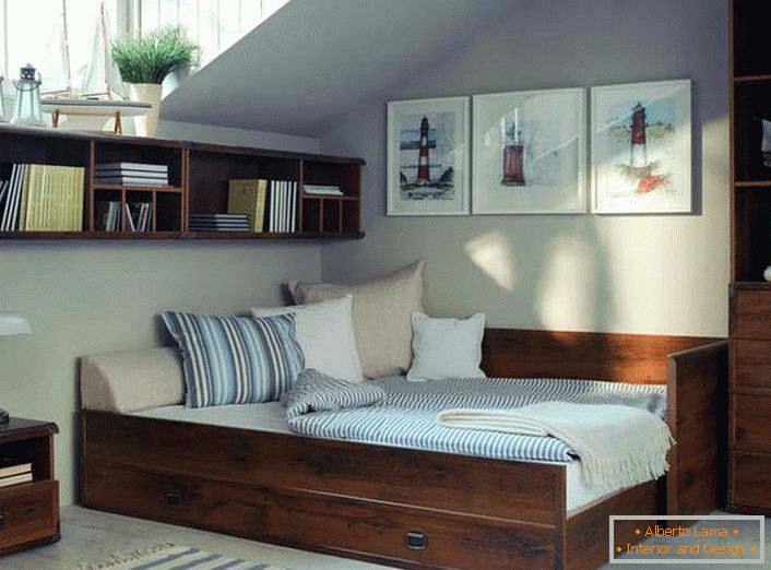 Modern country in the bedroom. Functional furniture made of wood does not make the room cluttered.
