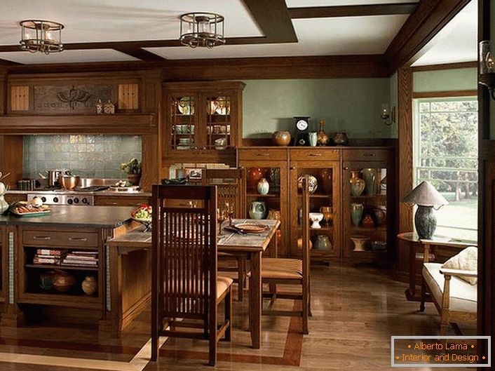 Functional kitchen from dark wood of expensive breeds is a dream of almost any mistress.