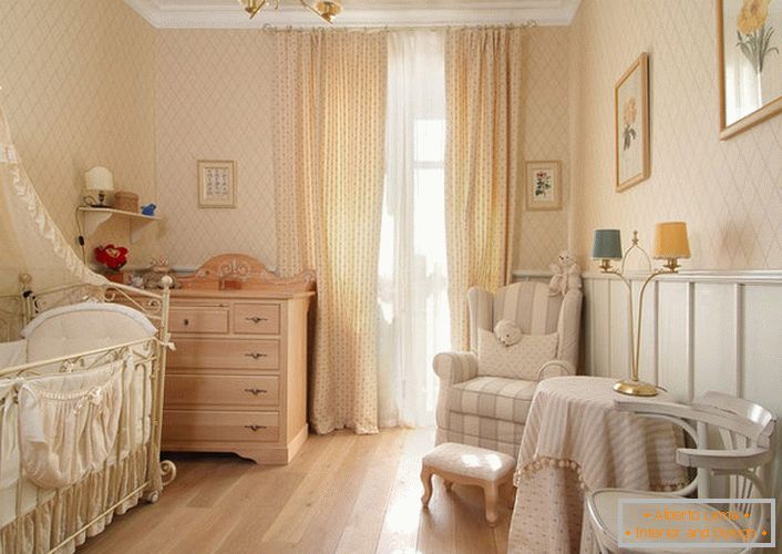 Delicate apartments for a newborn child in the country style.