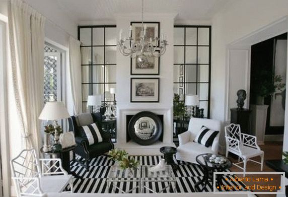 Black and white and striped design of the living room