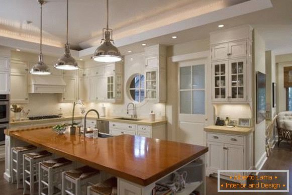 LED kitchen lighting with a two-level ceiling