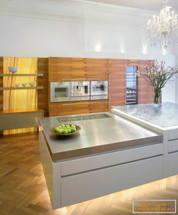 Luxurious chandelier for the kitchen and LED lighting for cabinets
