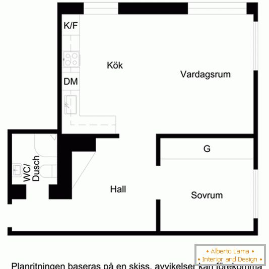 The plan of a small one-bedroom apartment