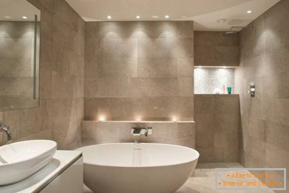 Stretched ceiling with spotlights - photo in the bathroom