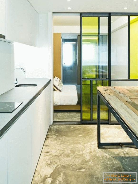 Sliding doors to kitchen from multi-colored glass
