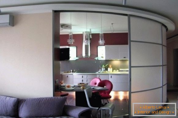 Modern kitchen design with radius sliding doors