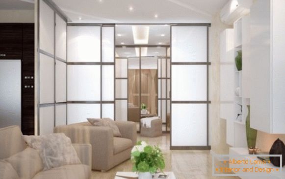 Sliding doors between kitchen and living room - photo in apartment design
