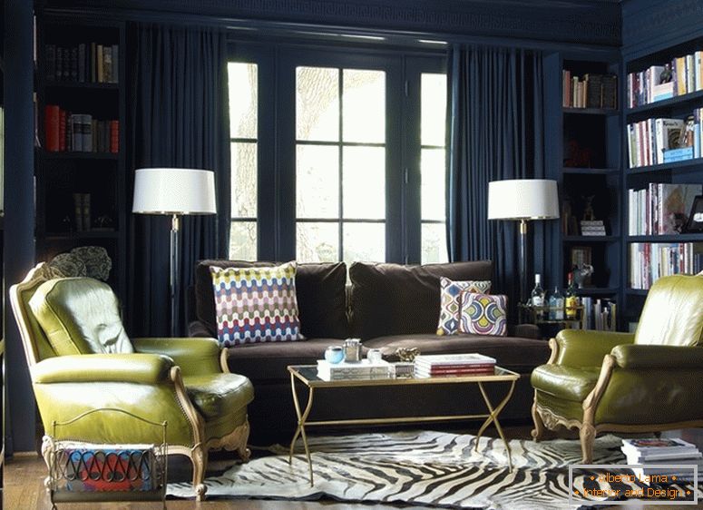 Interior of the living room in dark blue shades