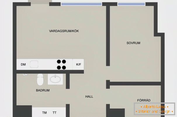 The layout of a two-room apartment