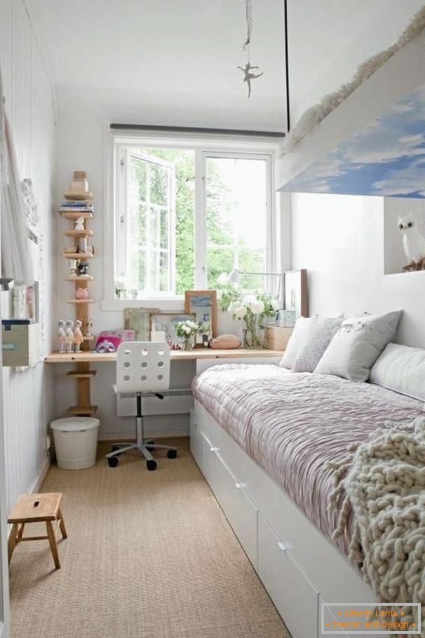 Narrow bedroom in white color
