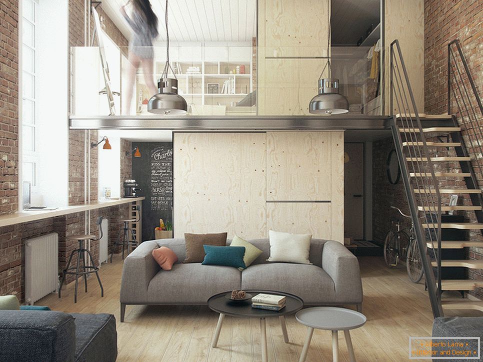 Interior of a two-level apartment in loft style