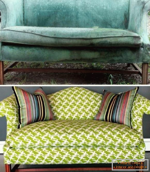Stretching upholstered furniture - sofa photo before and after the upholstery replacement