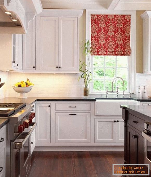 Red Roman curtains for white kitchen