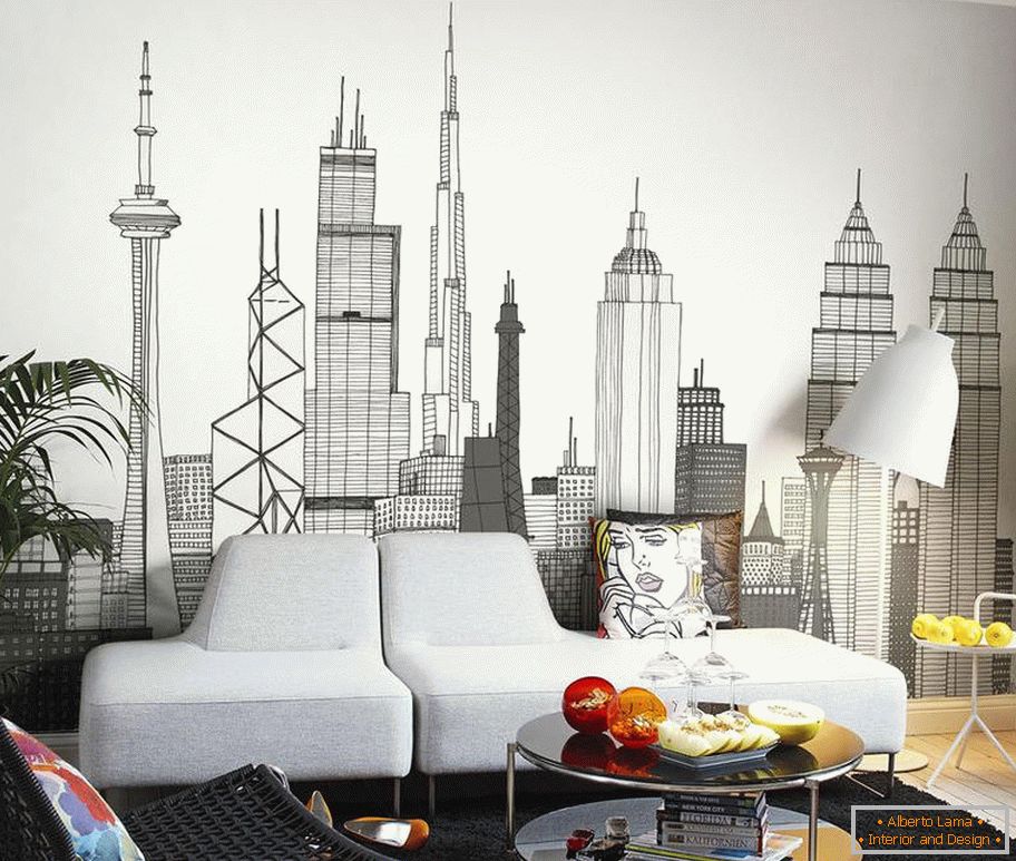 City skyscrapers in the interior of the living room