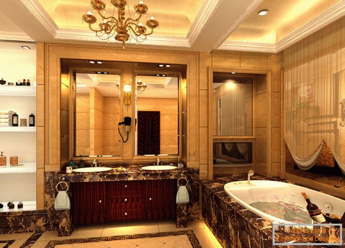A huge bathroom in the Empire style is artfully decorated with small decorative details. In accordance with the requirements of the style, towel racks, wall lamps, a curtain of light cloth on the window are selected.