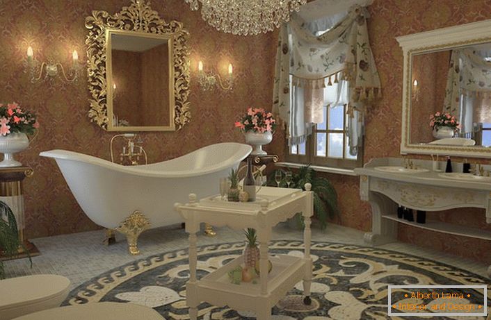 Design project for a stylish bathroom in Empire style. Exquisite bathroom on four patterned, golden legs, a mirror in a carved frame, a chandelier made of rock crystal perfectly match.