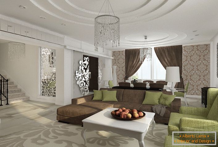 Luxurious living room in Empire style. Multilevel ceilings adorn well-chosen lighting.