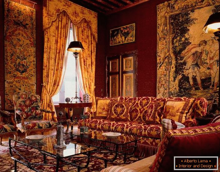 Luxurious furniture upholstered in a heavy tapestry for a luxurious living room.