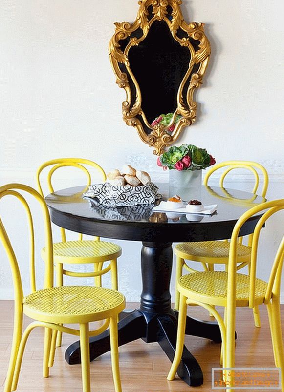 Bright yellow chairs and a black dining table
