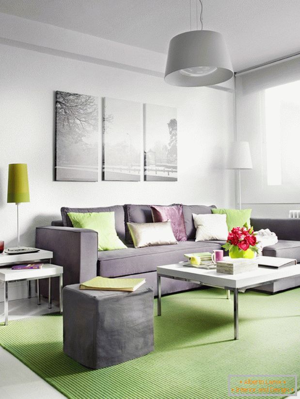 Bright cushions on gray upholstered furniture