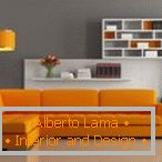 Corner orange sofa in a gray interior