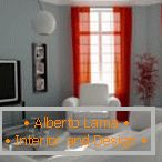 Red curtains and white furniture in the gray interior of the living room