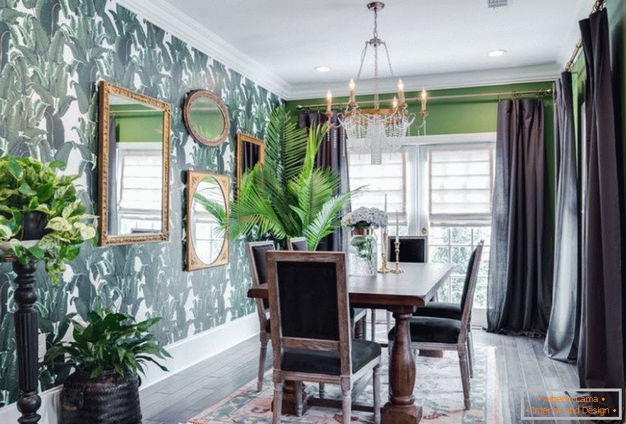 Green walls and gray curtains in the decor of the room