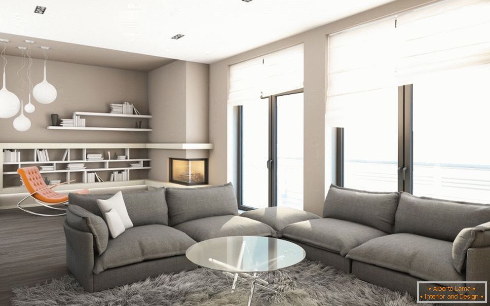 Gray sofa in high-tech style in the interior