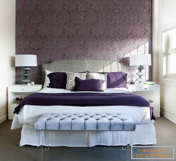 Bedroom design in purple tones with blue details