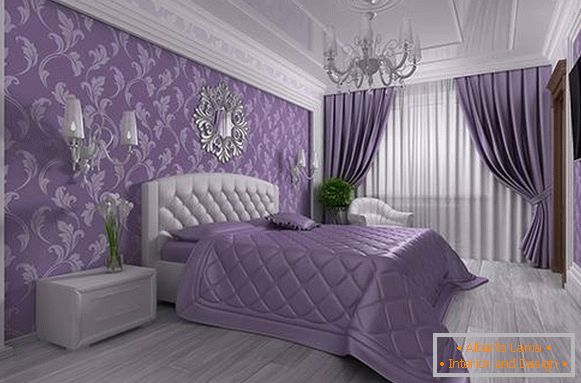 Violet wallpaper in the bedroom in the style of luxury
