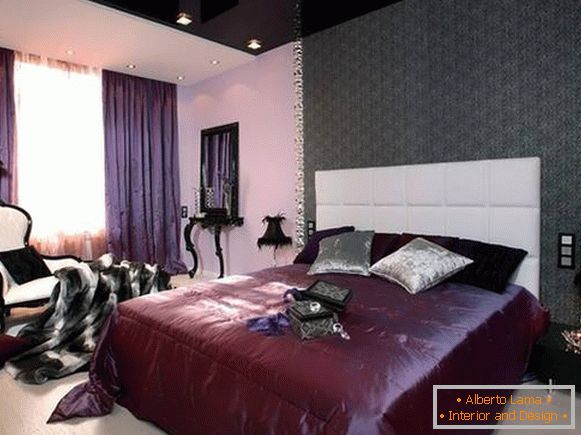 Purple bedroom with a dark gray stretch ceiling