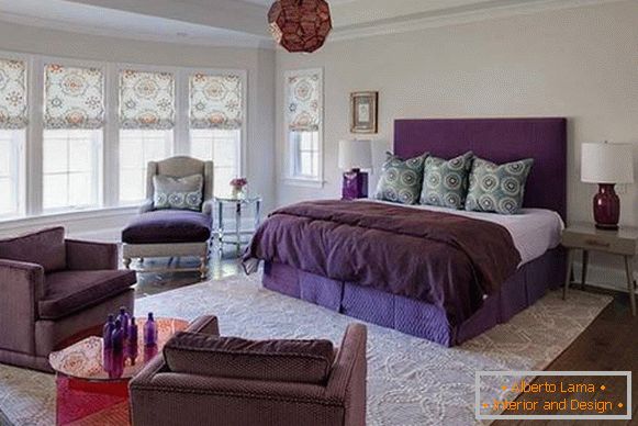 Purple furniture in the bedroom - photo design with light walls