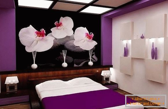 Bright purple color and wallpaper in the bedroom design