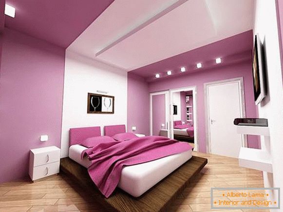 Modern bedroom design in bright lilac color