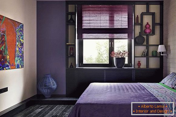 Bedroom in purple - a photo design with a dark tree