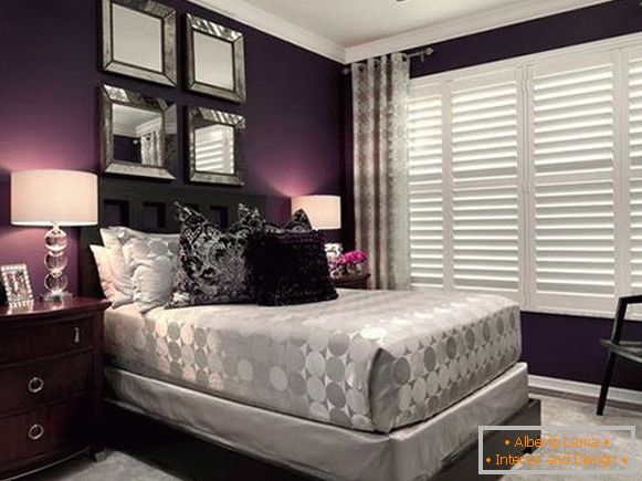The combination of purple with silvery tones in the bedroom