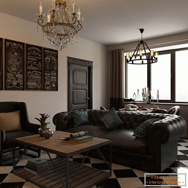 Leather sofa on the background of black and white tiles