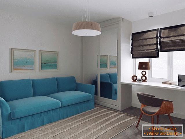 Bright blue sofa in the small living room