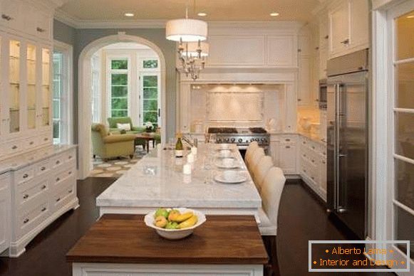 Kitchen design with glass doors and lighting