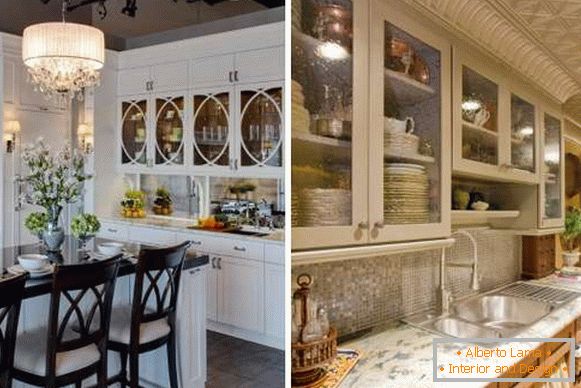 Wall cabinet with glass doors in the interior of the kitchen