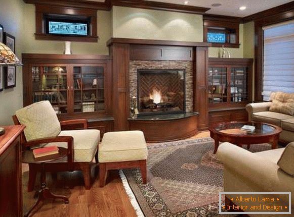 Low cabinet with glass doors in the living room design