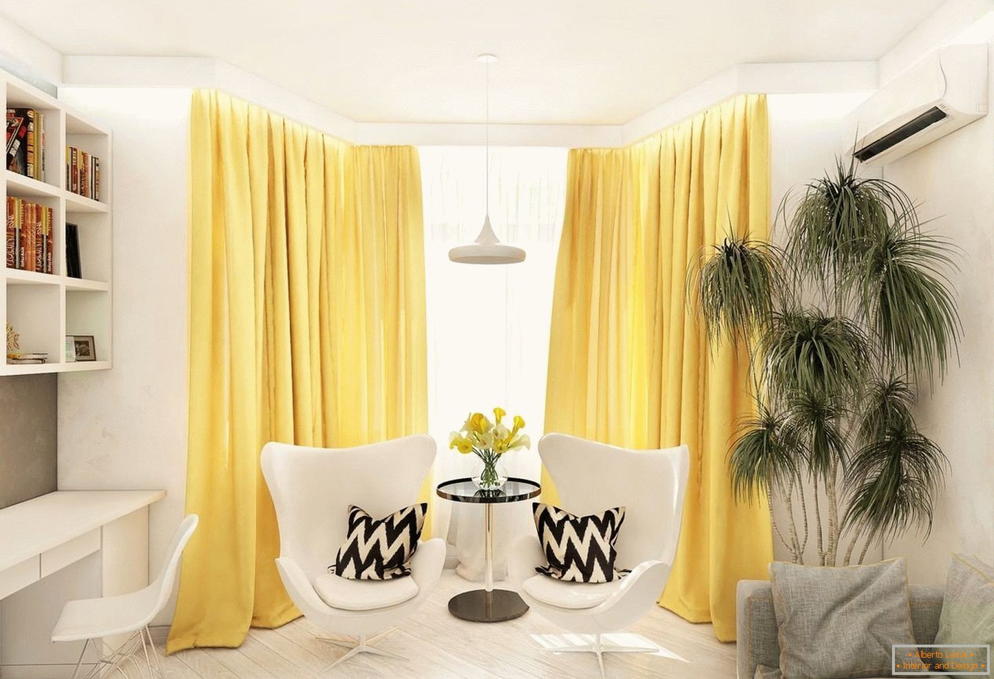 Yellow curtains in the white living room