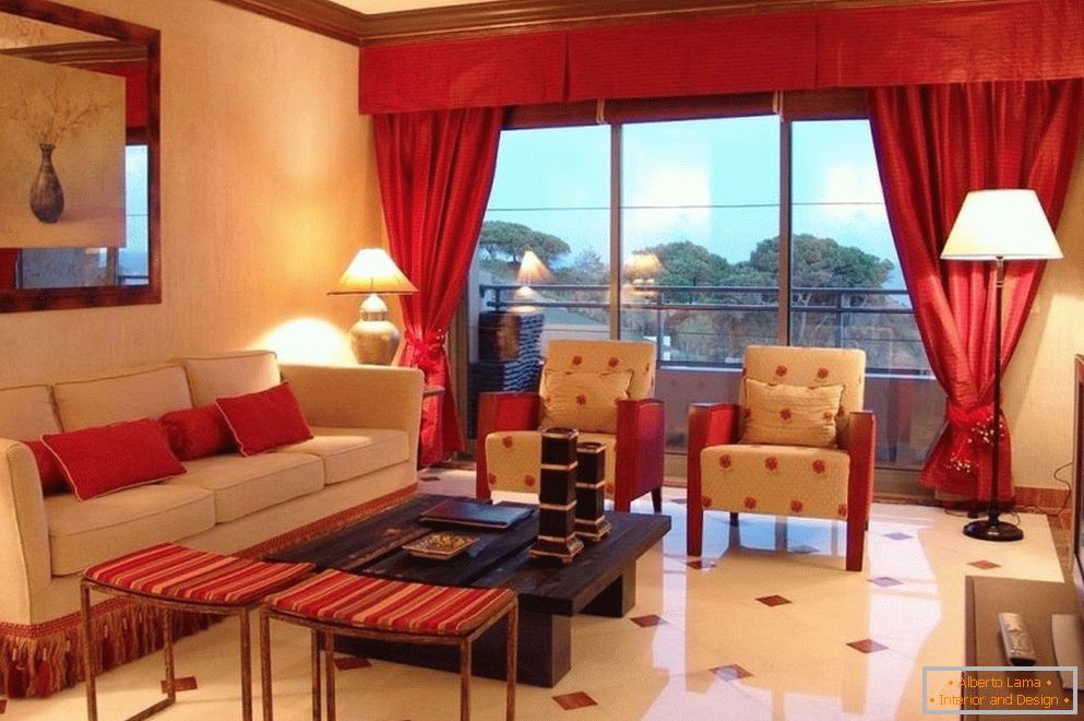 Beige room with red curtains